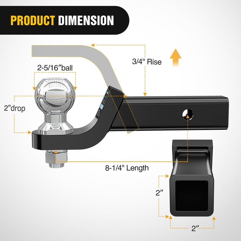 Nilight Trailer Hitch Ball Mount with 2-5/16Inch Trailer Ball & 5/8" Hitch Pin Clip Fits 2-Inch Receiver 7500 lbs 2" Drop - Image 2